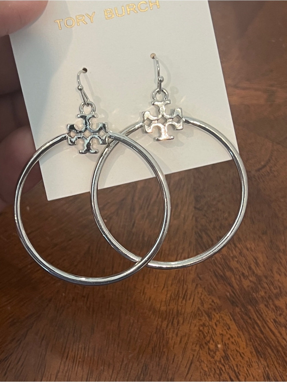 Tory Burch Silver Logo Drop Hoop Earrings